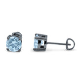Solitaire Stud Earring Brilliant Round Simulated Aquamarine Black Tone 925 Sterling Silver