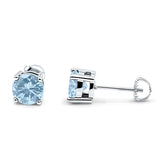 Solitaire Screw Back Stud Earring Brilliant Round Simulated Aquamarine CZ Solid 925 Sterling Silver