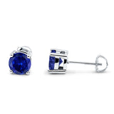 Solitaire Screw Back Stud Earring Brilliant Round Simulated Blue Sapphire CZ Solid 925 Sterling Silver