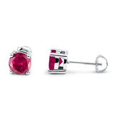 Solitaire Screw Back Stud Earring Brilliant Round Simulated Ruby CZ Solid 925 Sterling Silver
