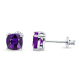 Solitaire Screw Back Stud Earring Excellent Cushion Cut Simulated Amethyst CZ Solid 925 Sterling Silver