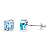 Solitaire Screw Back Stud Earring Excellent Cushion Cut Simulated Aquamarine CZ Solid 925 Sterling Silver
