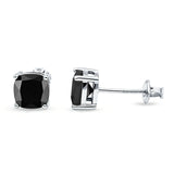Solitaire Screw Back Stud Earring Excellent Cushion Cut Simulated Black CZ Solid 925 Sterling Silver
