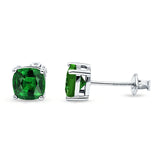 Solitaire Screw Back Stud Earring Excellent Cushion Cut Simulated Green Emerald CZ Solid 925 Sterling Silver