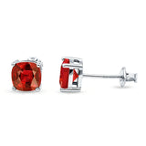 Solitaire Screw Back Stud Earring Excellent Cushion Cut Simulated Garnet CZ Solid 925 Sterling Silver