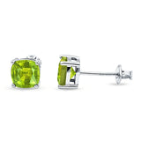 Solitaire Screw Back Stud Earring Excellent Cushion Cut Simulated Peridot CZ Solid 925 Sterling Silver