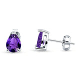 Art Deco Pear Shape Solitaire Push Back Stud Earring Excellent Simulated Amethyst CZ 925 Sterling Silver
