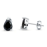 Art Deco Pear Shape Solitaire Push Back Stud Earring Excellent Simulated Black CZ 925 Sterling Silver