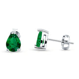 Art Deco Pear Shape Solitaire Push Back Stud Earring Excellent Simulated Green Emerald CZ 925 Sterling Silver