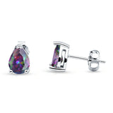 Art Deco Pear Shape Solitaire Push Back Stud Earring Excellent Simulated Rainbow CZ 925 Sterling Silver