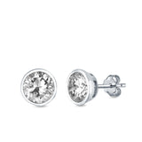 Bezel Stud Earrings Round Simulated Cubic Zirconia 925 Sterling Silver (4mm-9mm)