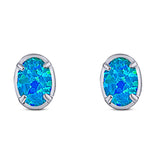 Art Deco Oval Stud Earring Created Blue Opal Solid 925 Sterling Silver (8mm)