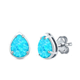 Solitaire Teardrop Pear Stud Earrings Lab Created Light Blue Opal 925 Sterling Silver