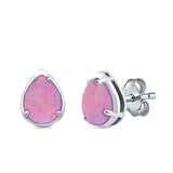 Solitaire Teardrop Pear Stud Earrings Lab Created Pink Opal 925 Sterling Silver