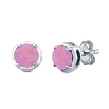 Claw Prong Solitaire Stud Earrings Round Lab Created Pink Opal 925 Sterling Silver (7mm)