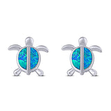 Turtle Stud Earring Lab Created Blue Opal Solid 925 Sterling Silver (14mm)