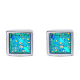 Princess Stud Earring Lab Created Blue Opal Solid 925 Sterling Silver (8mm)