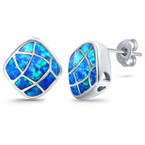 Solitaire Stud Earring Cushion Shape Lab Created Blue Opal 925 Sterling Silver (13mm)