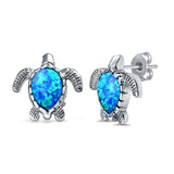 Turtle Stud Earrings Lab Created Blue Opal 925 Sterling Silver (14mm)