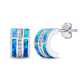 Fashion C Half Hoop Stud Earring Lab Created Blue Opal Simulated CZ 925 Sterling Silver (12mm)