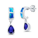 Pear Stud Earrings Lab Created Blue Opal Simulated Blue Sapphire CZ 925 Sterling Silver (23mm)