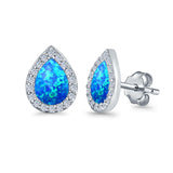Halo Pear Stud Earrings Lab Created Blue Opal Simulated CZ 925 Sterling Silver (11mm)