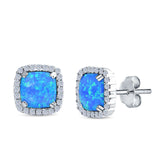 Halo Cushion Lab Created Blue Opal Round CZ Stud Earrings 925 Sterling Silver (11mm)