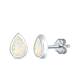 Teardrop Bezel Solitaire Pear Stud Earrings Lab Created White Opal 925 Sterling Silver (7mm)