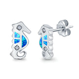 Seahorse Stud Earrings Lab Created Blue Opal 925 Sterling Silver (13mm)