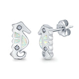 Seahorse Stud Earrings Lab Created White Opal 925 Sterling Silver (13mm)