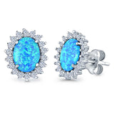 Halo Oval Stud Earrings Lab Created Blue Opal Simulated CZ 925 Sterling Silver (13mm)