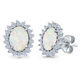 Halo Oval Stud Earrings Lab Created White Opal Simulated CZ 925 Sterling Silver (13mm)