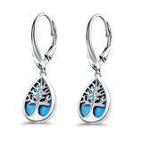 Tree of Life Dangling Leverback Earrings Lab Created Blue Opal 925 Sterling Silver (15mm)