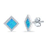 Halo Princess Stud Earrings Lab Created Blue Opal 925 Sterling Silver (14mm)