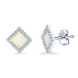 Halo Princess Stud Earrings Lab Created White Opal 925 Sterling Silver (14mm)