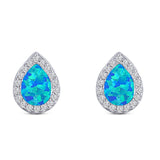 Halo Pear Stud Earring Simulated Cubic Zirconia Created Blue Opal Solid 925 Sterling Silver (11mm)