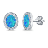 Halo Oval Stud Earrings Lab Created Blue Opal Simulated CZ 925 Sterling Silver (11mm)