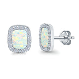 Halo Princess Stud Earrings Lab Created White Opal 925 Sterling Silver (14mm)