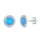 Halo Circle Stud Earrings Lab Created Blue Opal Round 925 Sterling Silver (14mm)
