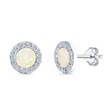 Halo Circle Stud Earrings Lab Created White Opal Round 925 Sterling Silver (14mm)