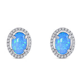Halo Art Deco Oval Stud Earring Simulated Cubic Zirconia Created Blue Opal Solid 925 Sterling Silver (15mm)