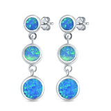 Three Stone Drop Dangle Circles Stud Earrings Lab Created Blue Opal 925 Sterling Silver (29mm)