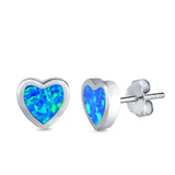 Heart Stud Earrings Lab Created Blue Opal 925 Sterling Silver (9mm)
