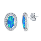 Halo Oval Stud Earrings Lab Created Blue Opal Simulated CZ 925 Sterling Silver (16mm)