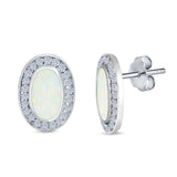 Halo Oval Stud Earrings Lab Created White Opal Simulated CZ 925 Sterling Silver (16mm)
