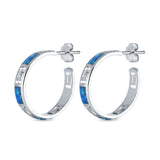 Greek Key Half Hoop Earrings Lab Created Blue Opal 925 Sterling Silver (21mm)