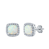Halo Princess Cut Stud Earrings Lab Created White Opal Simulated CZ 925 Sterling Silver