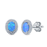 Double Halo Stud Earrings Oval Lab Created Blue Opal Simulated CZ 925 Sterling Silver
