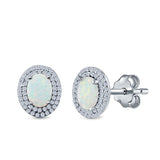 Double Halo Stud Earrings Oval Lab Created White Opal Simulated CZ 925 Sterling Silver
