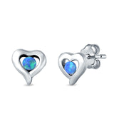 Heart Stud Earrings Round Lab Created Blue Opal 925 Sterling Silver
